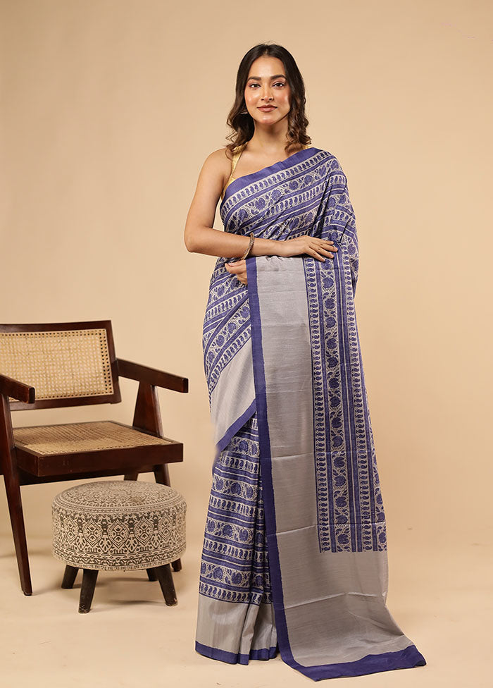 Blue Tussar Silk Saree With Blouse Piece