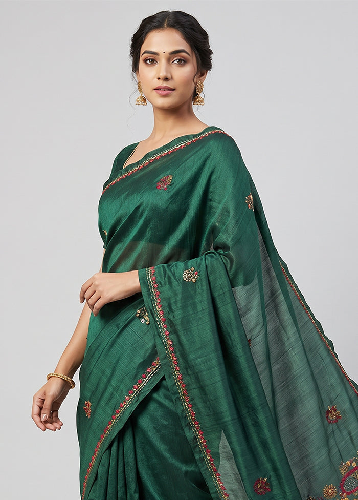 Green Tussar Silk Saree With Blouse Piece