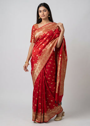 Red Dupion Silk Saree With Blouse Piece