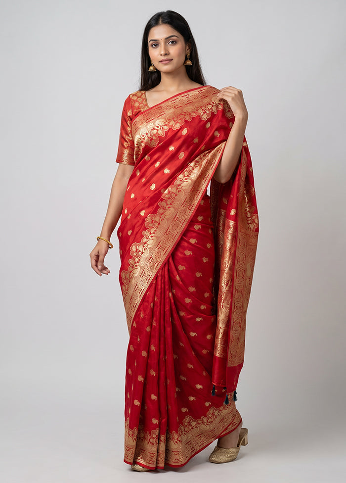 Red Dupion Silk Saree With Blouse Piece