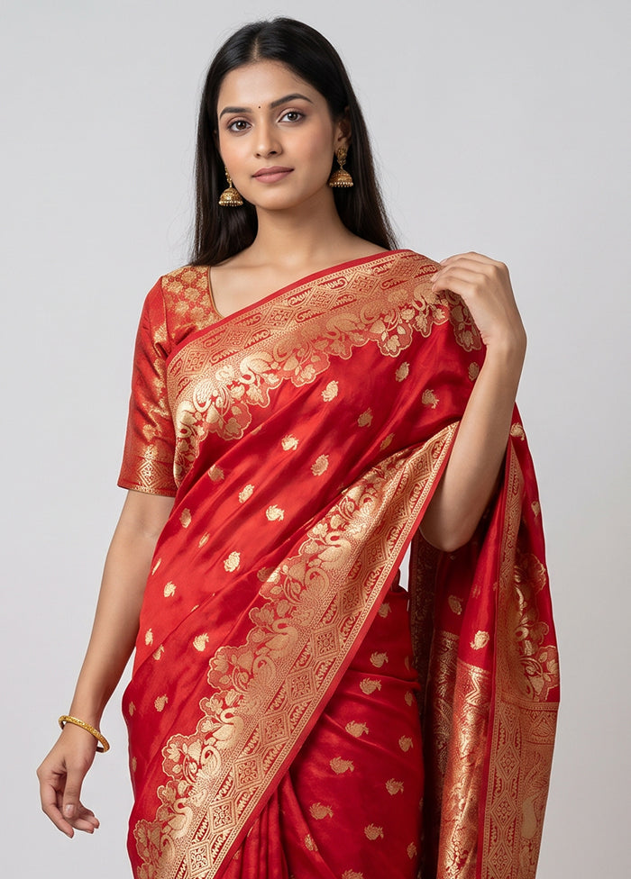 Red Dupion Silk Saree With Blouse Piece