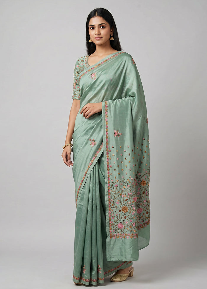 Blue Tussar Silk Saree With Blouse Piece
