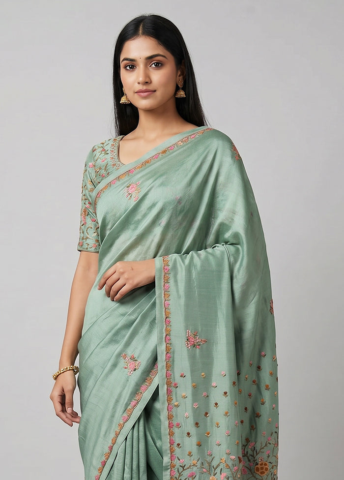 Blue Tussar Silk Saree With Blouse Piece
