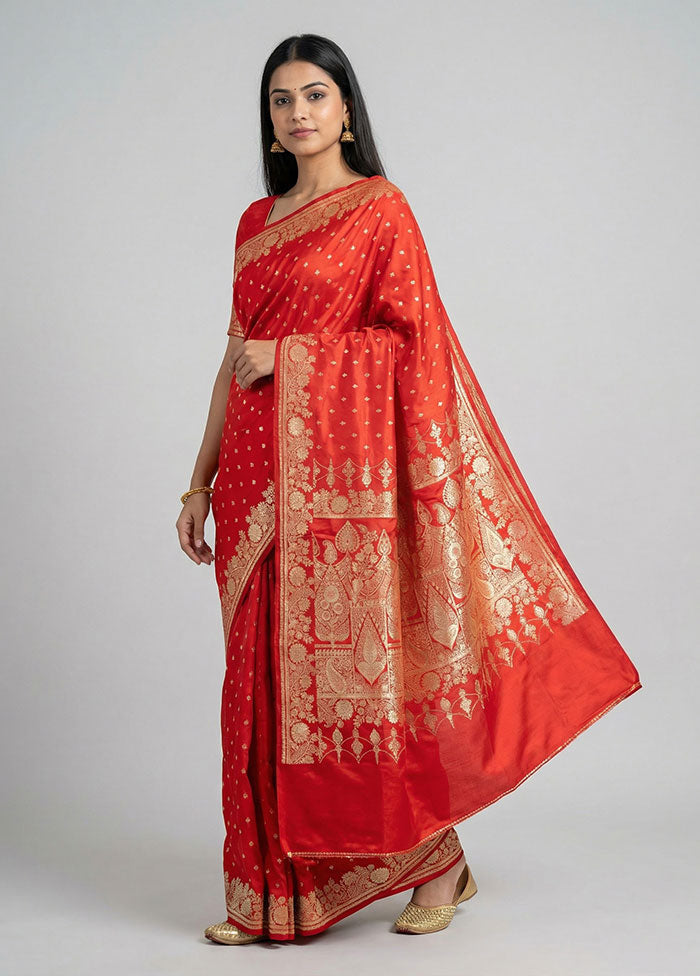 Red Banarasi Silk Saree With Blouse Piece
