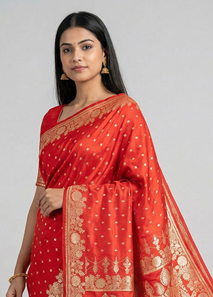 Red Banarasi Silk Saree With Blouse Piece