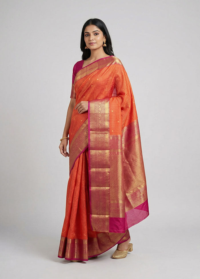 Orange Handloom Kanchipuram Pure Silk Saree With Blouse Piece