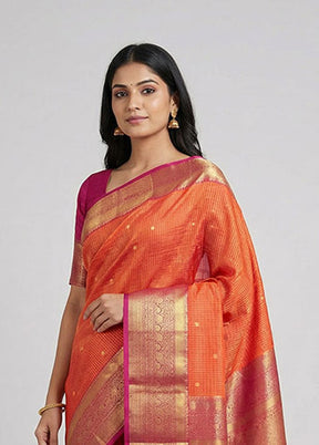 Orange Handloom Kanchipuram Pure Silk Saree With Blouse Piece