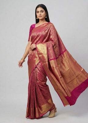 Purple Handloom Kanchipuram Pure Silk Saree With Blouse Piece