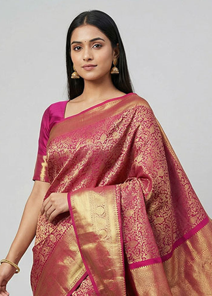 Purple Handloom Kanchipuram Pure Silk Saree With Blouse Piece