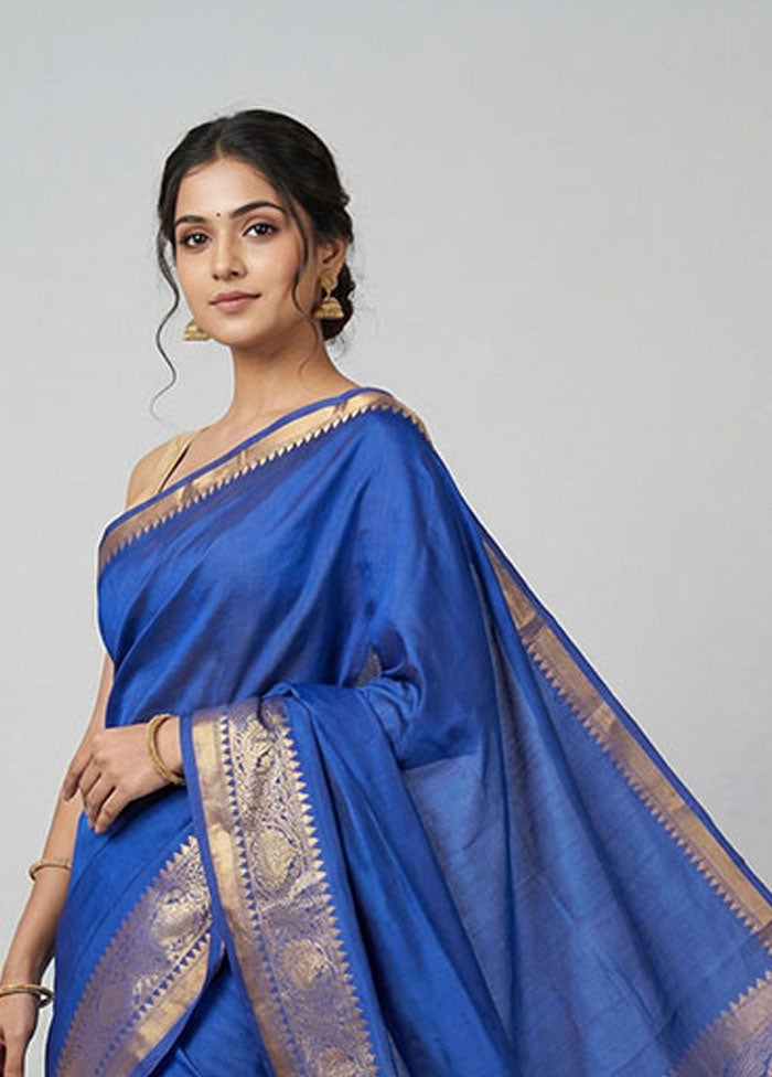 Blue Kanjivaram Silk Saree With Blouse Piece