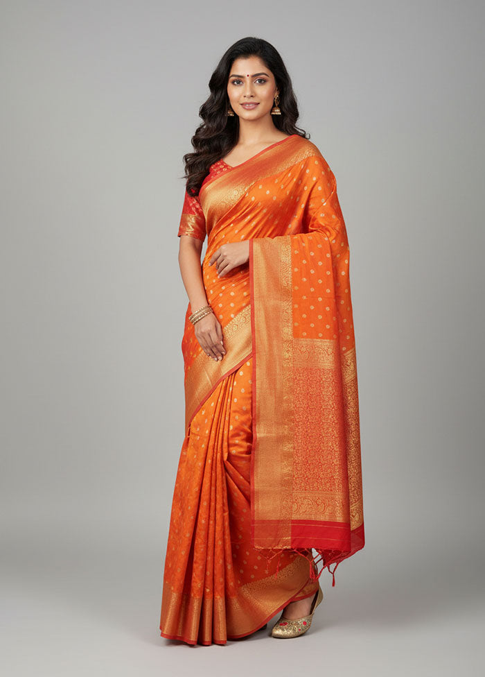 Rust Handloom Kanjivaram Pure Silk Saree With Blouse Piece