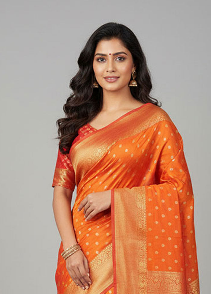 Rust Handloom Kanjivaram Pure Silk Saree With Blouse Piece