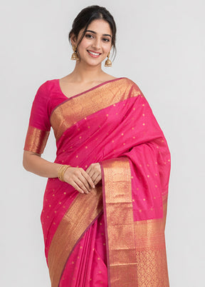 Pink Handloom Kanjivaram Pure Silk Saree With Blouse Piece