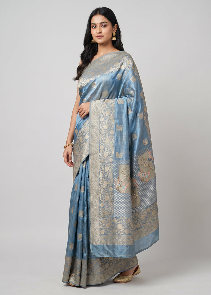 Blue Handloom Pure Georgette Saree With Blouse Piece
