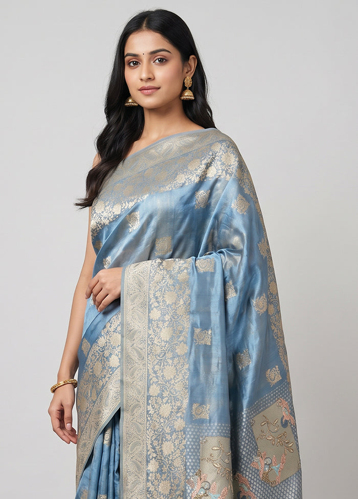 Blue Handloom Pure Georgette Saree With Blouse Piece