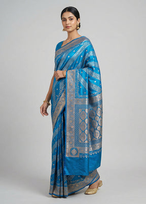 Blue Banarasi Silk Saree With Blouse Piece