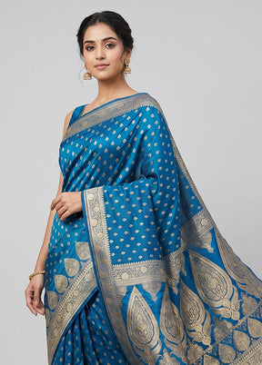 Blue Banarasi Silk Saree With Blouse Piece
