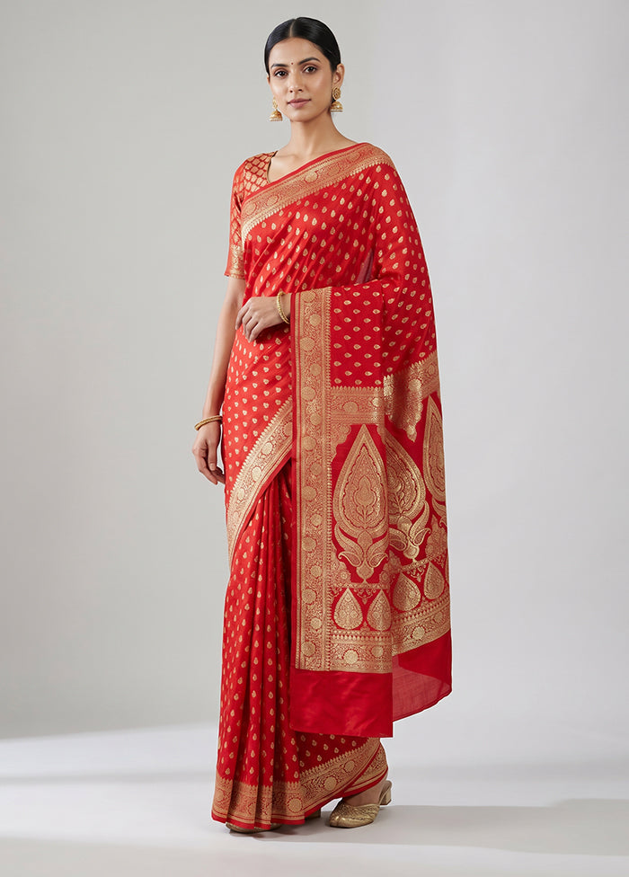 Red Banarasi Silk Saree With Blouse Piece