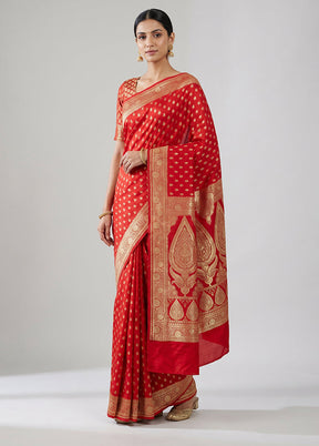 Red Banarasi Silk Saree With Blouse Piece