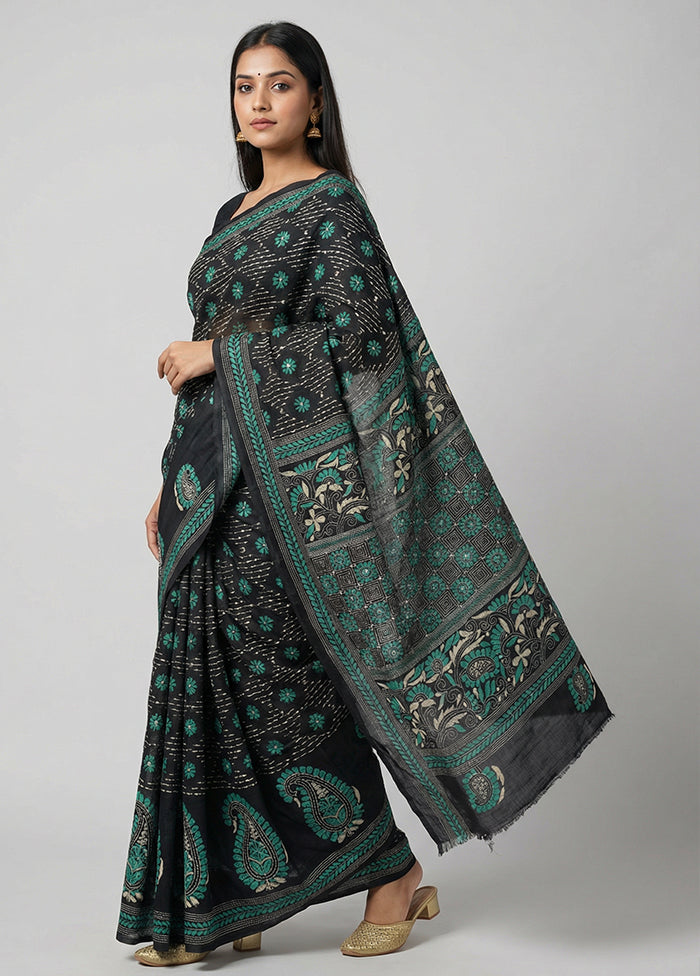 Black Kantha Stitch Silk Saree With Blouse Piece