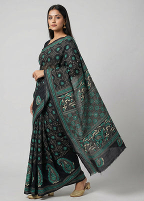 Black Kantha Stitch Silk Saree With Blouse Piece