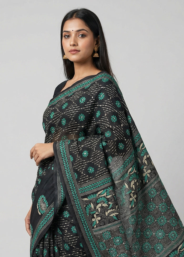 Black Kantha Stitch Silk Saree With Blouse Piece