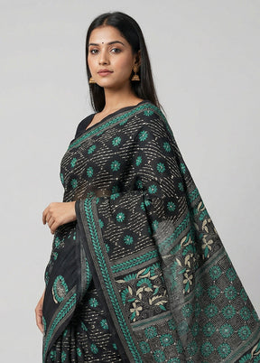 Black Kantha Stitch Silk Saree With Blouse Piece