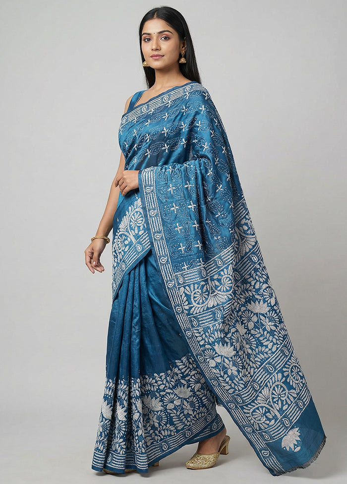 Green Kantha Stitch Silk Saree With Blouse Piece