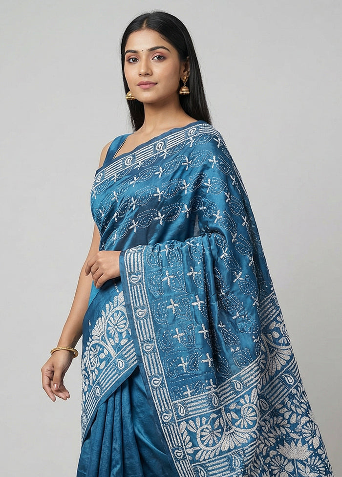 Green Kantha Stitch Silk Saree With Blouse Piece