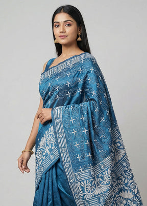Green Kantha Stitch Silk Saree With Blouse Piece