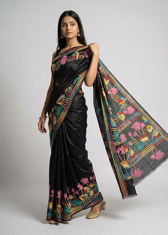 Black Kantha Stitch Silk Saree With Blouse Piece