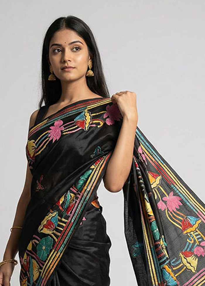 Black Kantha Stitch Silk Saree With Blouse Piece
