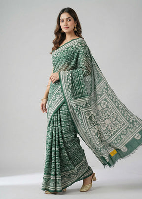 Green Kantha Stitch Silk Saree With Blouse Piece