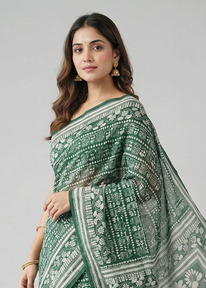 Green Kantha Stitch Silk Saree With Blouse Piece