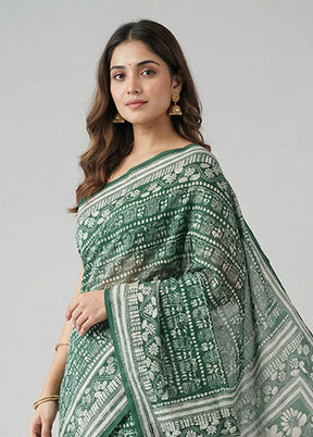 Green Kantha Stitch Silk Saree With Blouse Piece