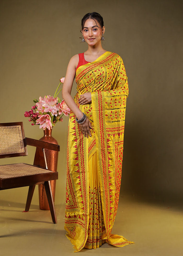 Yellow Kantha Stitch Silk Saree With Blouse Piece