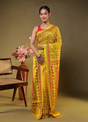 Yellow Kantha Stitch Silk Saree With Blouse Piece
