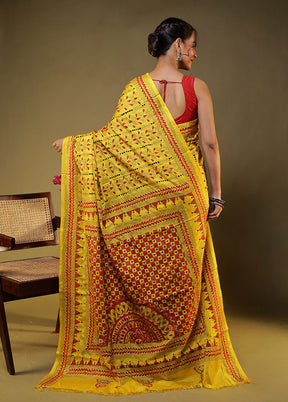 Yellow Kantha Stitch Silk Saree With Blouse Piece