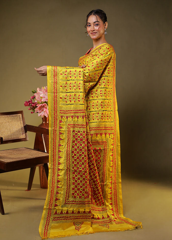 Yellow Kantha Stitch Silk Saree With Blouse Piece