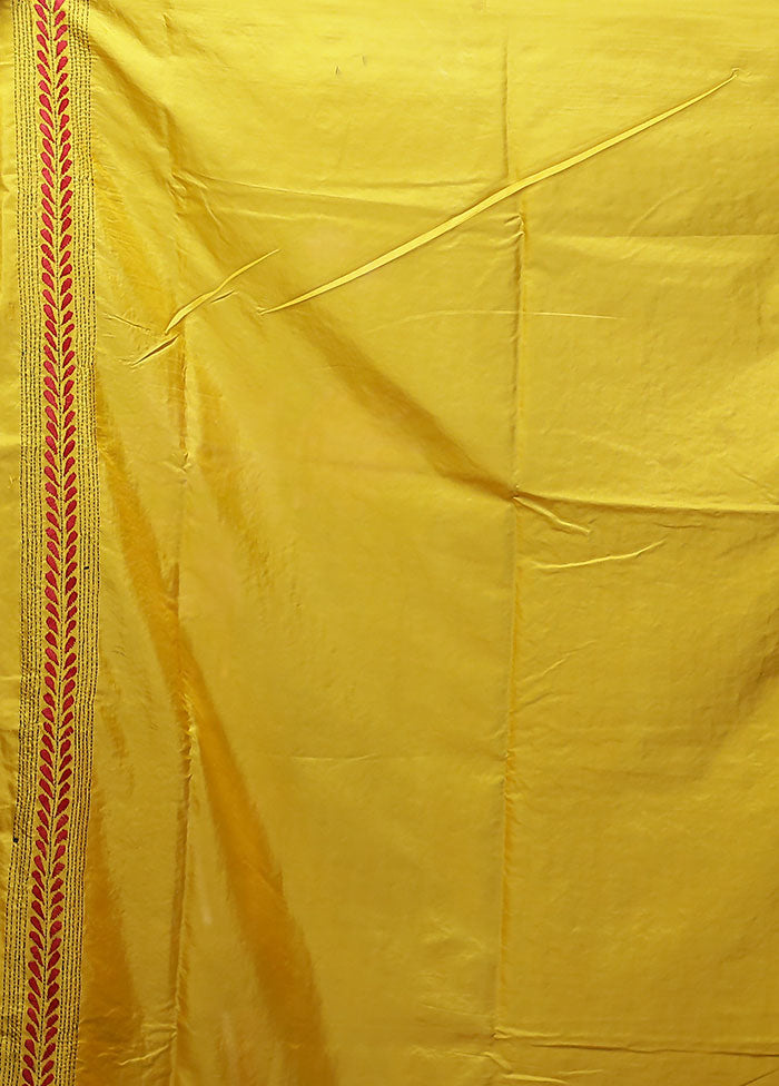 Yellow Kantha Stitch Silk Saree With Blouse Piece