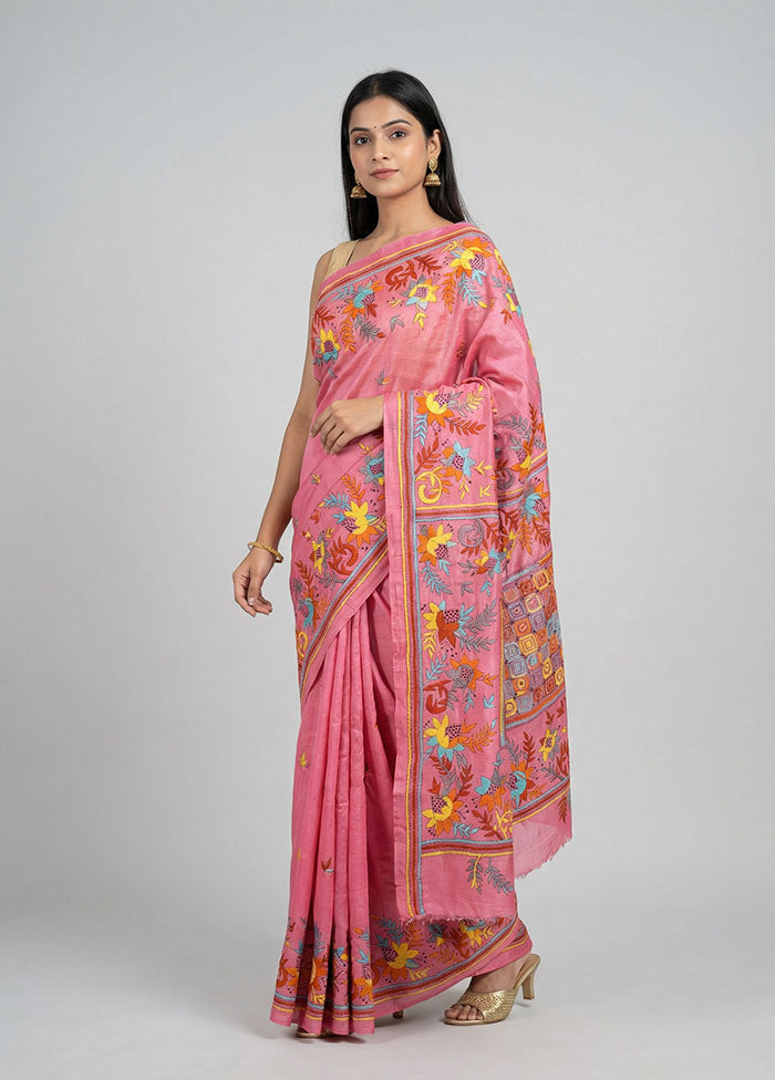 Pink Kantha Stitch Silk Saree With Blouse Piece