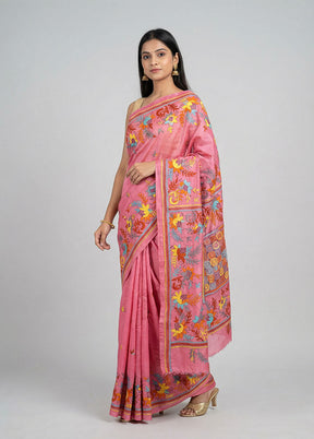 Pink Kantha Stitch Silk Saree With Blouse Piece