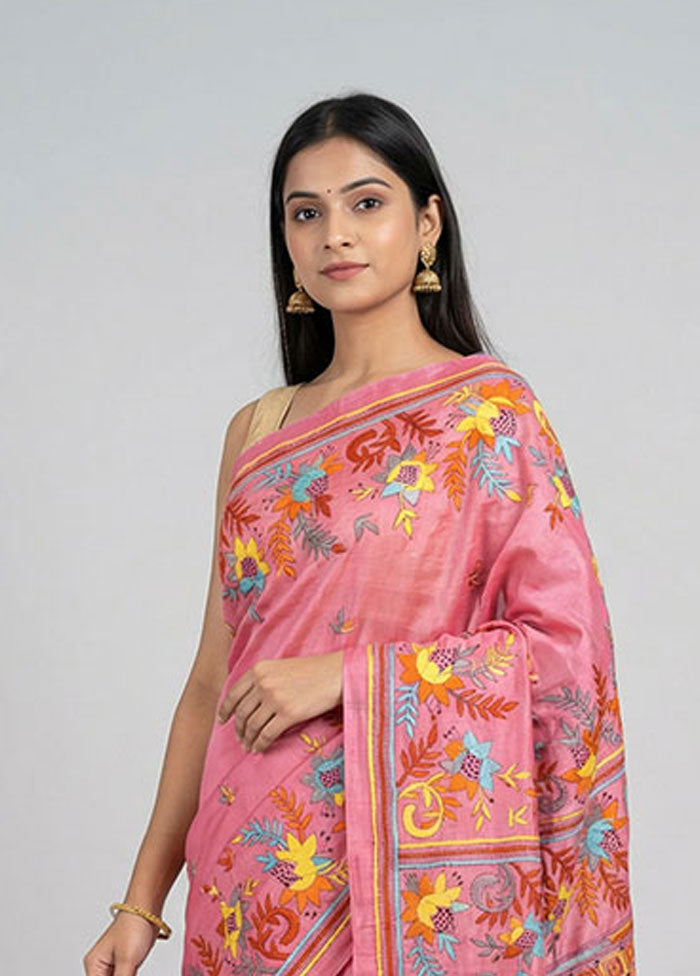 Pink Kantha Stitch Silk Saree With Blouse Piece