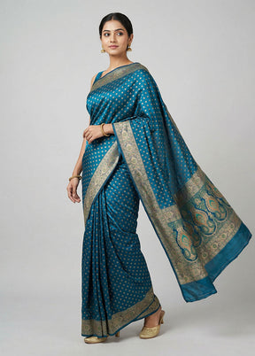 Blue Dupion Silk Saree With Blouse Piece