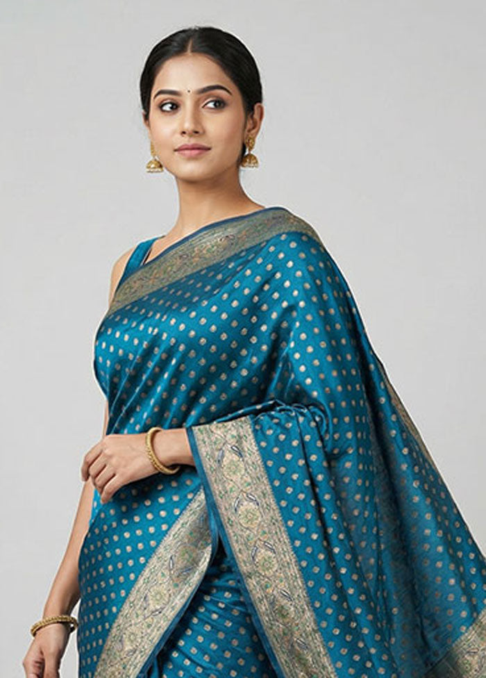 Blue Dupion Silk Saree With Blouse Piece