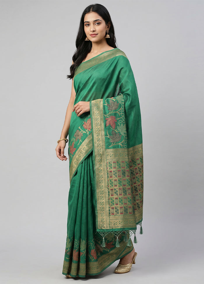 Green Dupion Silk Saree With Blouse Piece