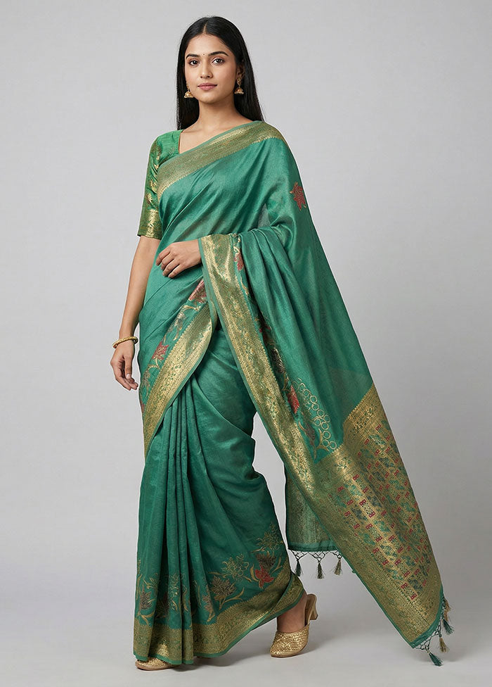 Green Dupion Silk Saree With Blouse Piece