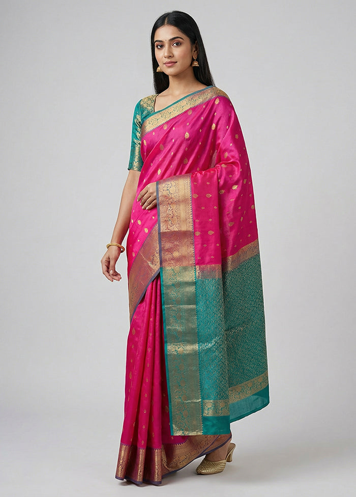 Pink Handloom Kanjivaram Pure Silk Saree With Blouse Piece