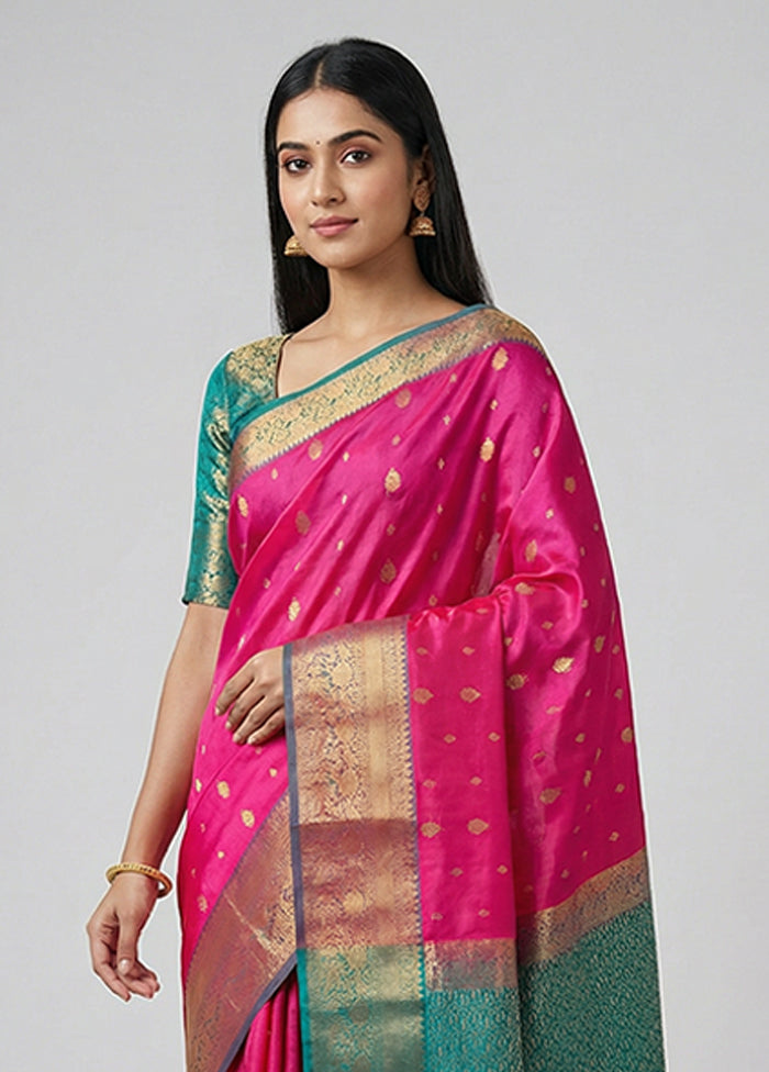 Pink Handloom Kanjivaram Pure Silk Saree With Blouse Piece