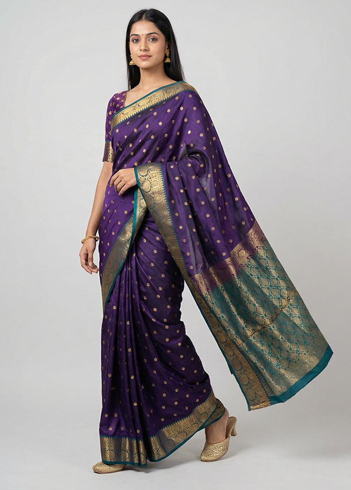 Purple Handloom Kanjivaram Pure Silk Saree With Blouse Piece
